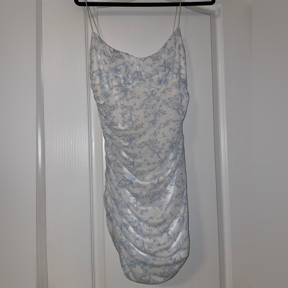 Cider White Dress with Light Blue Toile Print